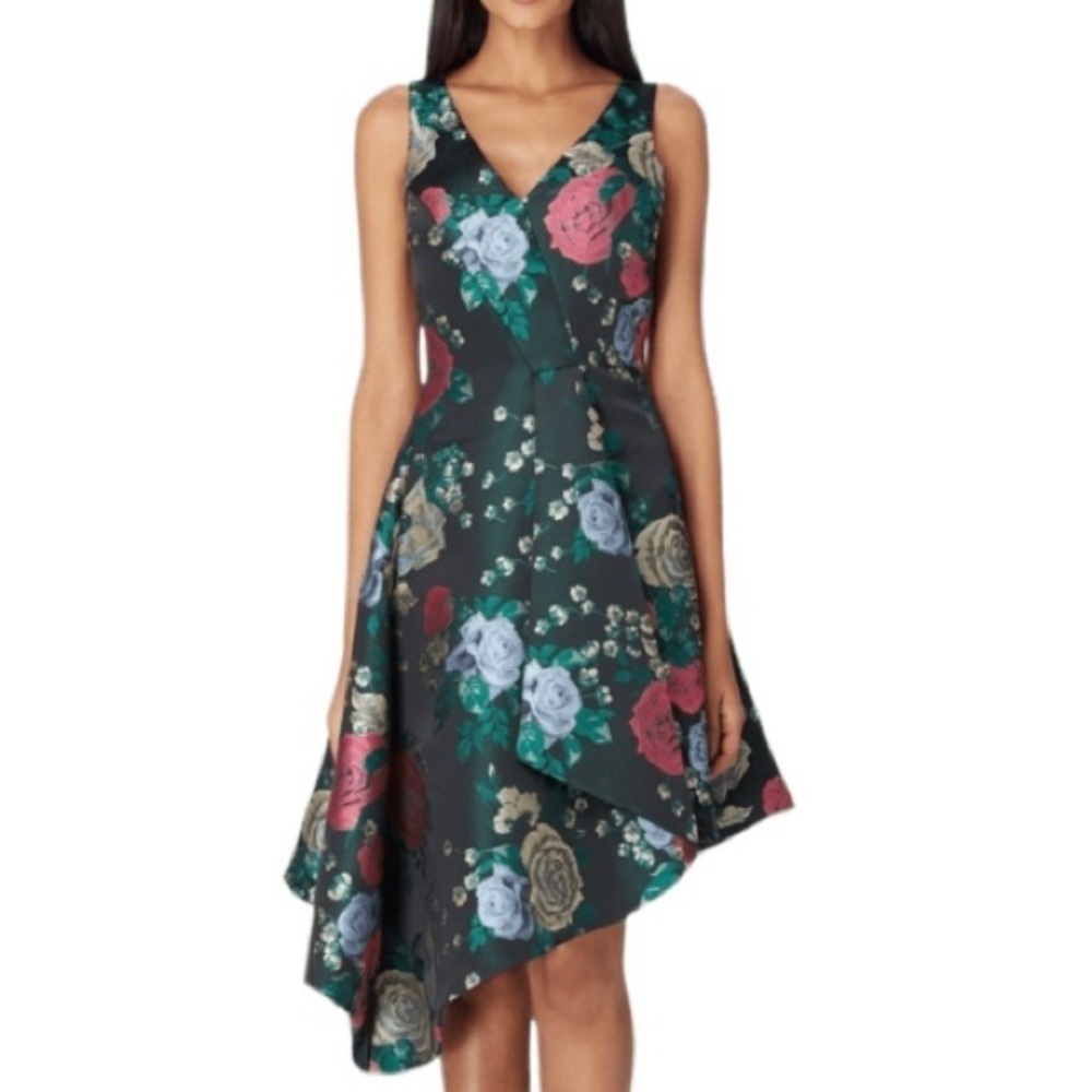 Floral V-Neck Asymmetric Hem Dress - Green Multi